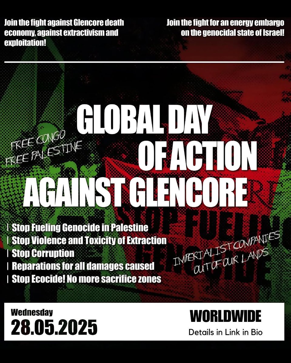 🔥Today! Global Day of Action! 
📍 In London, meet at 11am at Glencore London HQ - 18 Hanover Square,  W1S 1JY. There will be speeches, chanting &amp; music  until midday. Then we start to march! #StopCoal #StopGlencore #ToxicGlencore #ResistenciaActivaYa #StopFuelingGenocide