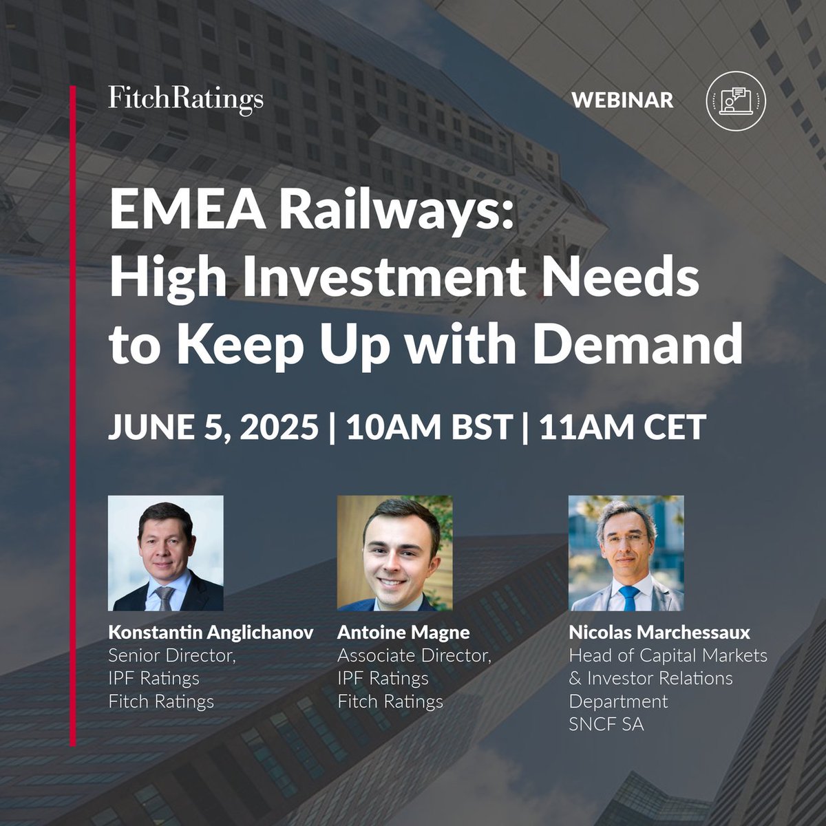 FitchRatings's tweet image. Join us on Thursday, June 5th, for an insightful discussion on EMEA Railways featuring special guest Nicolas Marchessaux from SNCF SA. 

Register here: ow.ly/2gZN50VZ4UZ

#EMEARailways #FitchRatings #TransportEconomics
