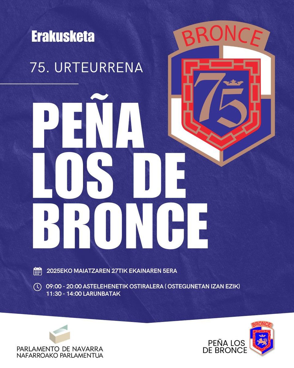 Maiatzaren 27tik ekainaren 5era, gure 75 urteko historiako zatitxo asko erakusten egongo gara Nafarroako Parlamentuko atrioan.
Zure zain gaude.
#losdebronce75