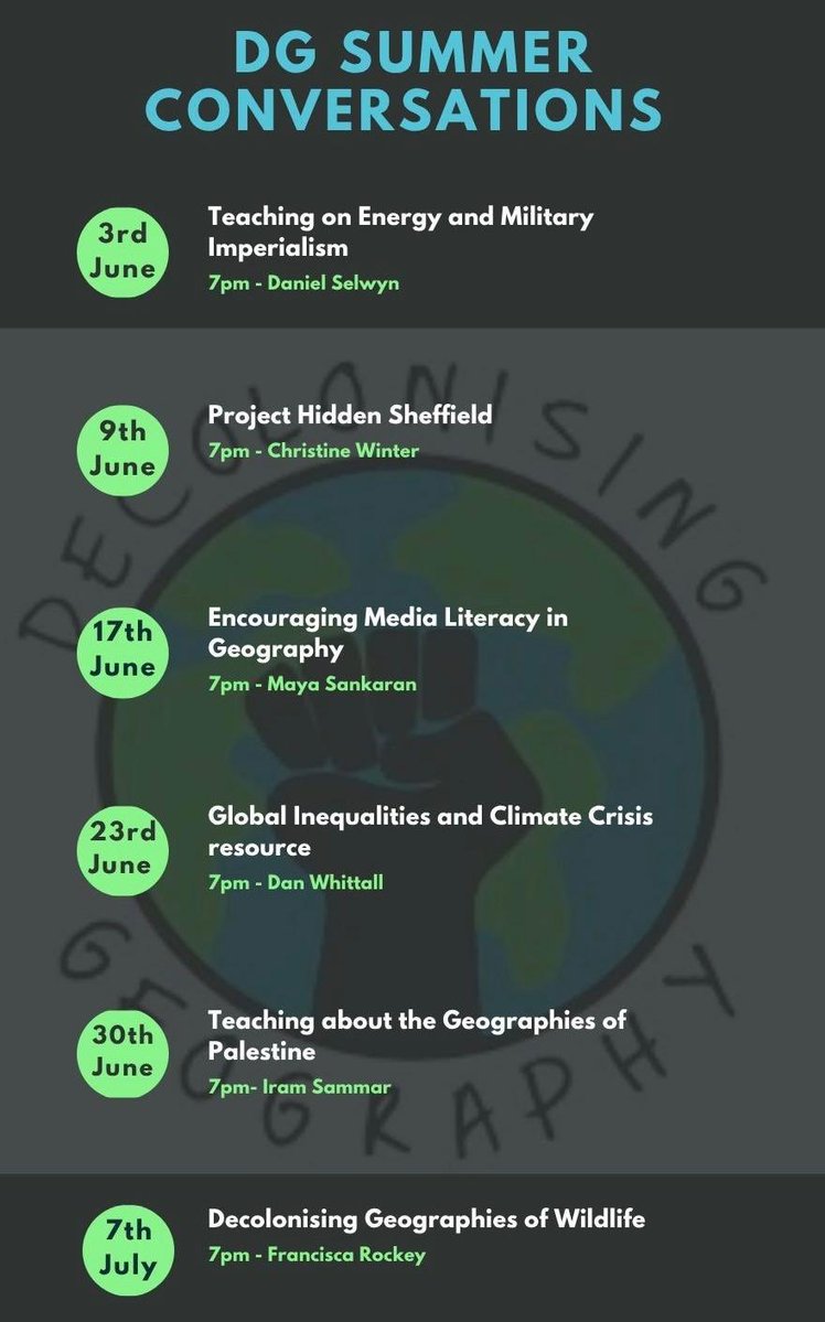 Black Geographers (@blackgeogorg) on Twitter photo UPCOMING EVENTS 🚨
Join a series of summer conversations that examine various themes through the lens of geography 🌍
If you'd like to get involved, please email decolonisegeography@gmail.com UPCOMING EVENTS 🚨
Join a series of summer conversations that examine various themes through the lens of geography 🌍
If you'd like to get involved, please email decolonisegeography@gmail.com