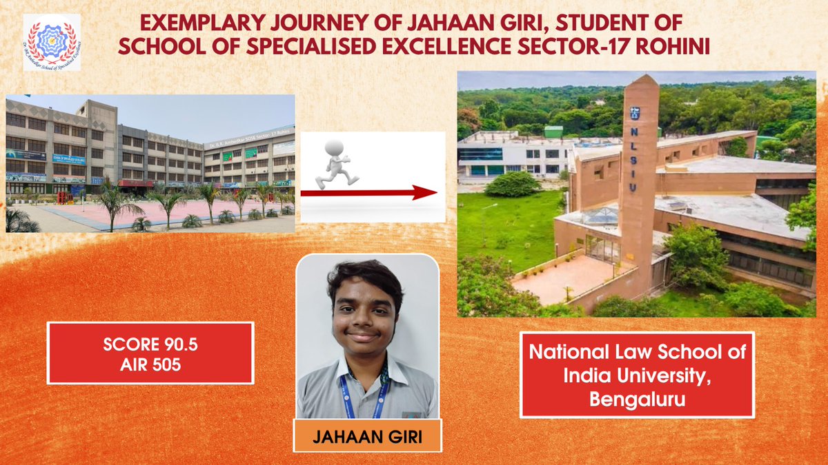 Huge Congratulations to Jahan Giri from Asose, Sec-17 Rohini, for cracking  CLAT Exam with a score of 90.5 &amp; AIR 505!
Proud moment for securing a seat at National Law School of India University, Bengaluru; India’s top law college! 🏛️📚✨
#CLAT2025 #NLSIU #SOSEPride #DelhiSchools