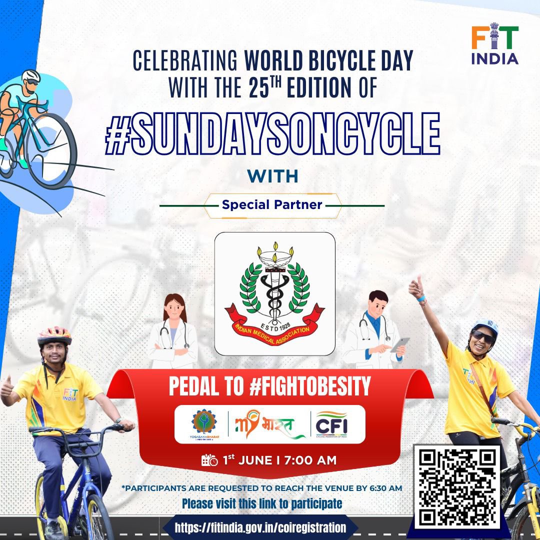On 1st June at 6:30 AM, India rides together! 🚴‍♀️
Celebrating #WorldBicycleDay &amp; the 25th edition of #SundaysOnCycle!
2000+ locations. Thousands of riders.
One mission: Fit India, Healthy India! 💪🇮🇳
#CycleSeSehat #FitIndiaMovement
-