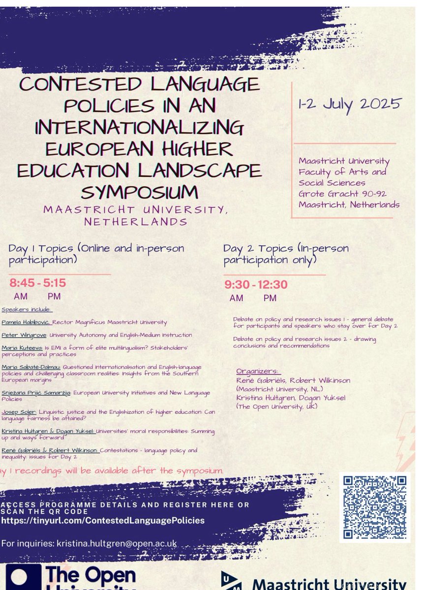 Dogan Yuksel (@doganyuksel20) on Twitter photo Join our Symposium on Contested Language Policies in European Higher Education! July 1-2, 2025, at <a href="/MaastrichtU/">Maastricht University</a> and online, co-hosted with The Open University. Day 1 Hybrid, Day 2 in-person debates. Register now tinyurl.com/ContestedLangu… Join our Symposium on Contested Language Policies in European Higher Education! July 1-2, 2025, at <a href="/MaastrichtU/">Maastricht University</a> and online, co-hosted with The Open University. Day 1 Hybrid, Day 2 in-person debates. Register now tinyurl.com/ContestedLangu…