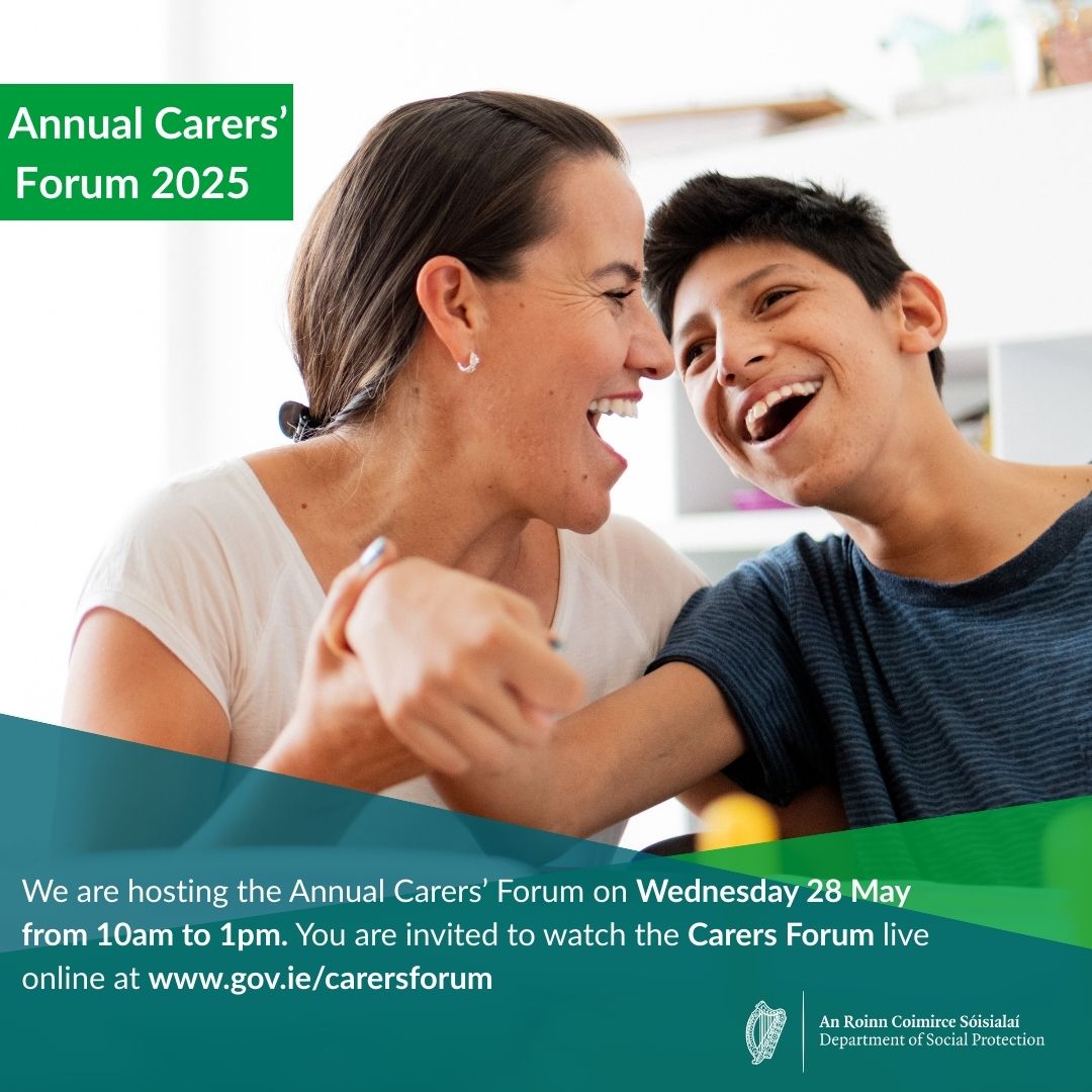 We are hosting the Annual Carers’ Forum today, Wednesday 28 May from 10am to 1pm.  

You are invited to watch the Carers Forum live online @ gov.ie/carersforum

You can submit comments and feedback on Slido.