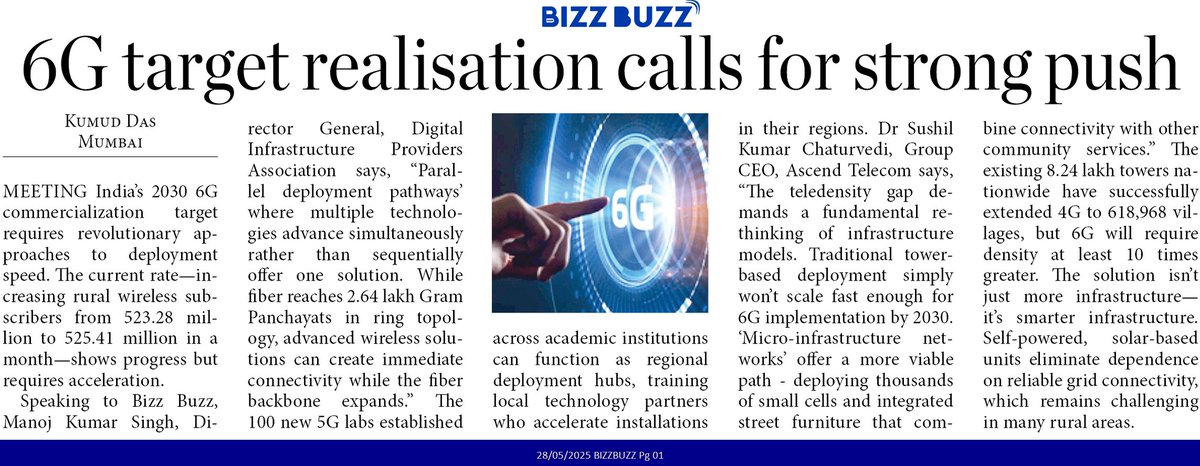 🚀 6G Target Realisation Calls for Strong Push!
Smart infrastructure &amp; parallel tech deployment are key, say industry leaders.

🗣️ Dr. Sushil Kumar Chaturvedi, CEO - Ascend Telecom
🗣️ Manoj Kumar Singh, DG - DIPA

#6G #Telecom #DigitalIndia #DIPA #SmartInfrastructure