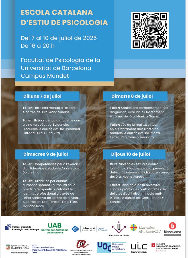 📢 Del 7 al 10 de juliol, torna l'Escola Catalana d’Estiu de Psicologia a la <a href="/PsicologiaUB/">Psicología Uniboyaca</a>!
🧠 8 formacions en 4 tardes sobre esport, lideratge, VR, addiccions, diversitat i més!
🔗 Inscripcions i +info: copc.cat/escola-catalan…
#Psicologia #FormacióEstiu #COPC #UB #PsicoSAO