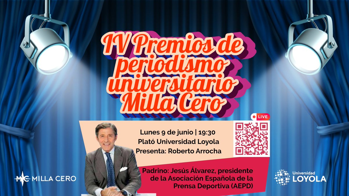 Universidad Loyola (@loyolaand) on Twitter photo 🥍📲¡Vuelven los Premios Milla Cero!
El acto de entrega que reconoce los trabajos periodísticos del alumnado de Comunicación y Periodismo de la Universidad Loyola. Presenta <a href="/RarrochaR/">Roberto Arrocha</a> y tiene como padrino al presidente de la <a href="/periodistasAEPD/">Periodistas AEPD</a> Jesús Álvarez Cervantes 🏅🏫 🥍📲¡Vuelven los Premios Milla Cero!
El acto de entrega que reconoce los trabajos periodísticos del alumnado de Comunicación y Periodismo de la Universidad Loyola. Presenta <a href="/RarrochaR/">Roberto Arrocha</a> y tiene como padrino al presidente de la <a href="/periodistasAEPD/">Periodistas AEPD</a> Jesús Álvarez Cervantes 🏅🏫