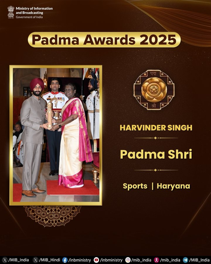 #PadmaAwards2025 – Harvinder Singh

🏅Padma Shri - Sports

📍#Haryana

🔹Para-Archer from #Kaithal
🔹Hit the bulls-eye earning India a Gold Medal at the 2024 #ParisOlympics &amp; Bronze at the 2020 #TokyoOlympics

#PadmaAwards #PeoplesPadma #PadmaShri <a href="/PadmaAwards/">Padma Awards</a> <a href="/RajBhavanHry/">HARYANA RAJ BHAVAN</a>