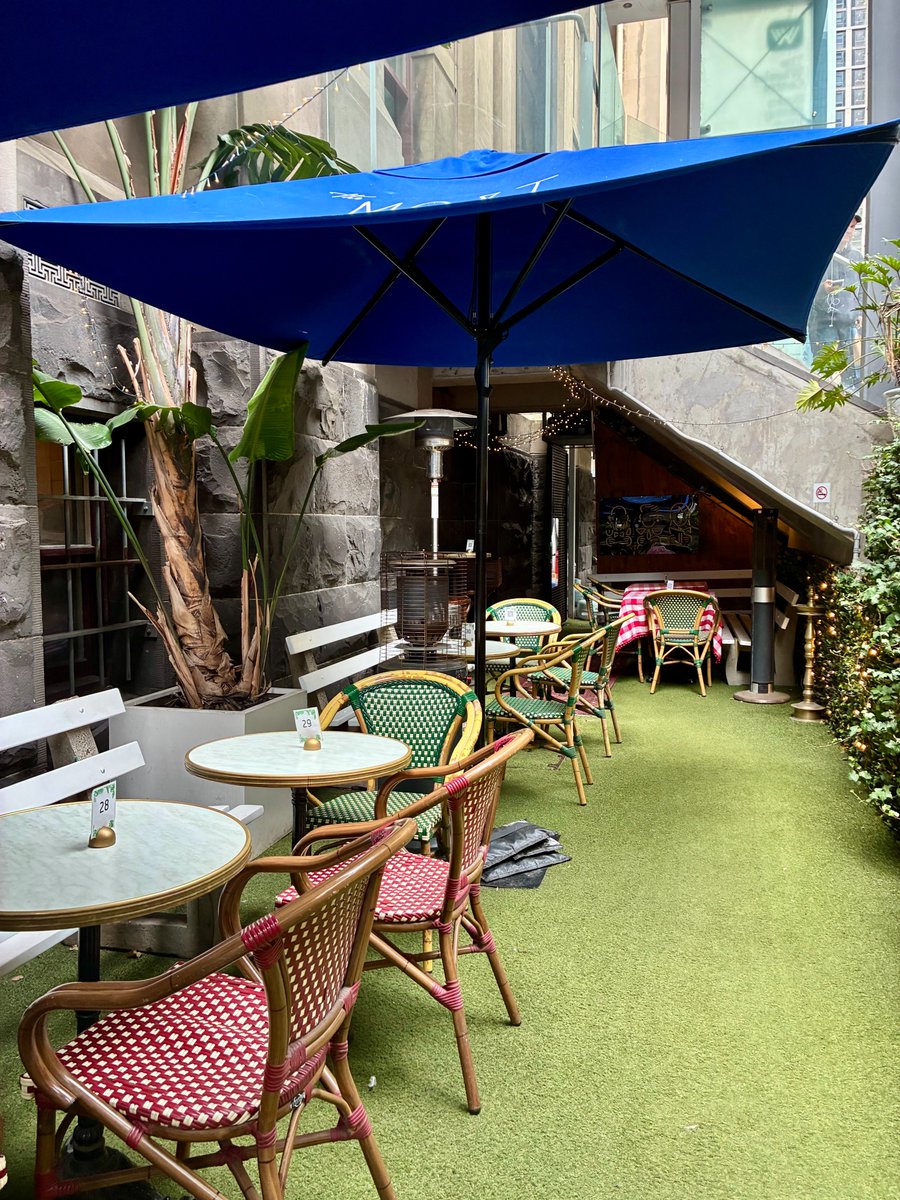 Yes, you can still enjoy our courtyard, even when the weather's a little less than perfect!

Find a cosy spot next to a heater or under an umbrella and watch the world go by.