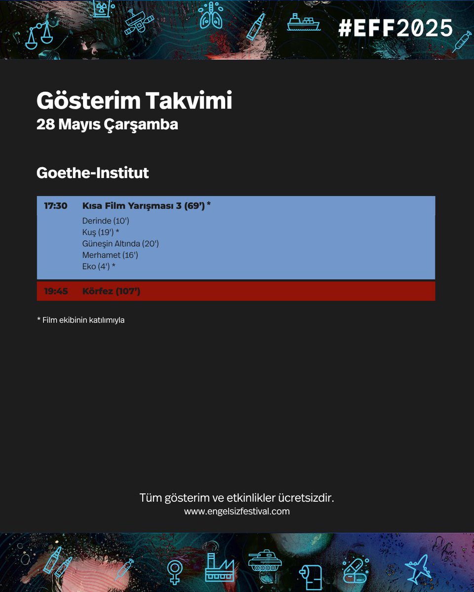 #EFF2025 gösterimleri bugün sona eriyor. Kısa Film Yarışması üçüncü bölümündeki filmlerin gösterimlerinin ardından “Eko”nun yönetmeni Mehveş Topçuoğlu ve “Kuş”un yönetmeni Kim Woonyoung izleyicilerle buluşacak. 19:45’te <a href="/EmreYeksan/">Emre Yeksan</a>’ın yönettiği “Körfez” filmini izleyebilirsiniz.