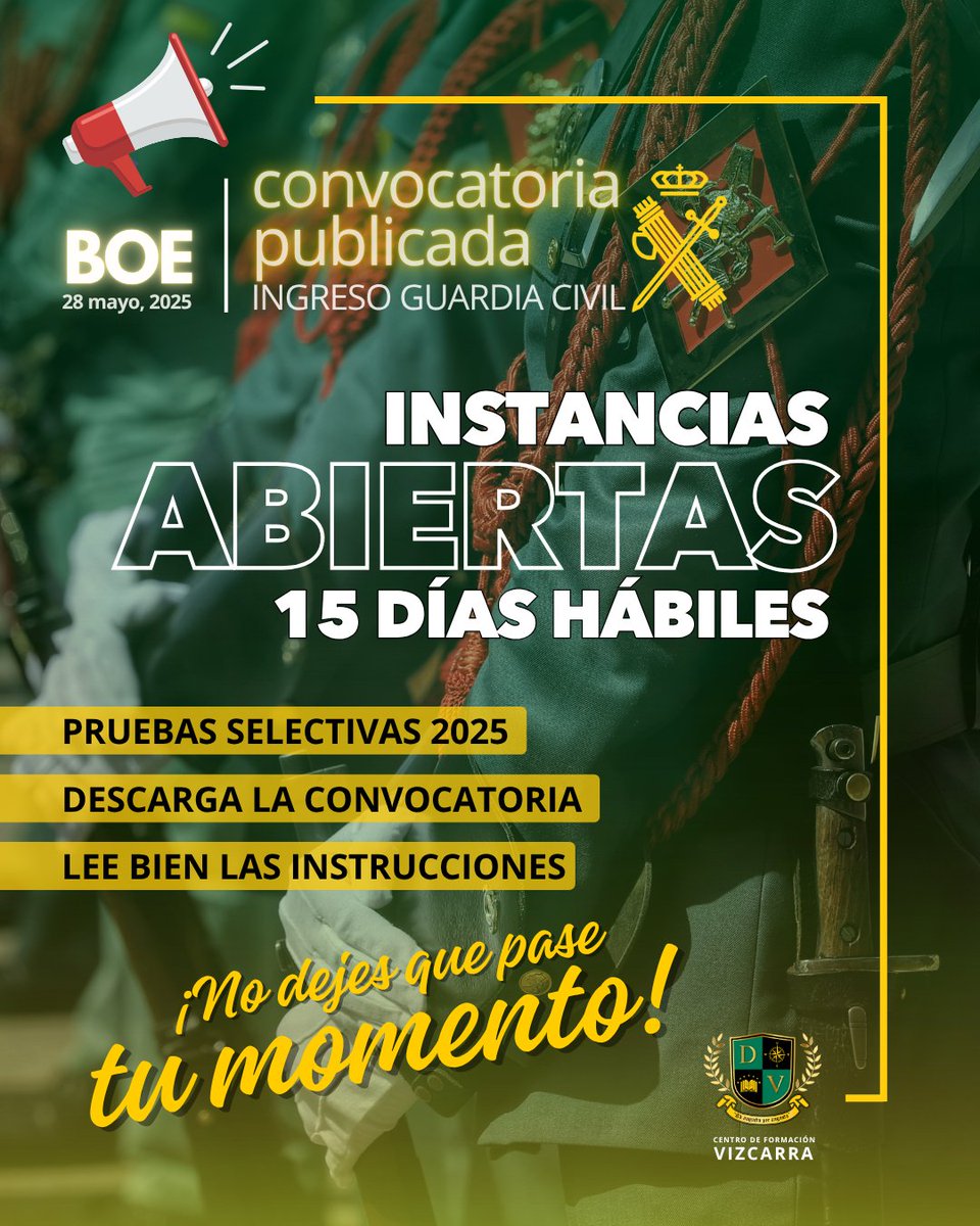 📢 PUBLICADA CONVOCATORIA INGRESO GC 2025
BOE 28-05-25. Pruebas selectivas para el ingreso en los centros docentes de formación para la incorporación a la Escala de Cabos y Guardias de la Guardia Civil.
Desde mañana tenéis un plazo de 15 días hábiles para la instancia ¡Suerte!