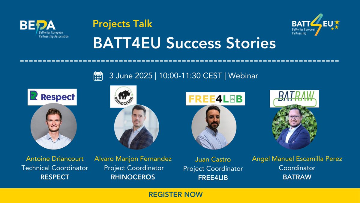 BatrawProjectEU (@batraweu) on Twitter photo 🔋♻️ <a href="/BatrawEu/">BatrawProjectEU</a> will be featured in a BEPA webinar alongside <a href="/RespectRecycle/">RESPECT Recycling</a>, <a href="/EuRhinoceros/">RHINOCEROS_EU</a> and <a href="/Free4Lib/">FREE4LIB</a>, 4 🇪🇺 battery recycling projects under the same #ClusterHub!
🤚🏻 For BEPA and European Commission members only
🔗 events.teams.microsoft.com/event/e27159e2… 🔋♻️ <a href="/BatrawEu/">BatrawProjectEU</a> will be featured in a BEPA webinar alongside <a href="/RespectRecycle/">RESPECT Recycling</a>, <a href="/EuRhinoceros/">RHINOCEROS_EU</a> and <a href="/Free4Lib/">FREE4LIB</a>, 4 🇪🇺 battery recycling projects under the same #ClusterHub!
🤚🏻 For BEPA and European Commission members only
🔗 events.teams.microsoft.com/event/e27159e2…