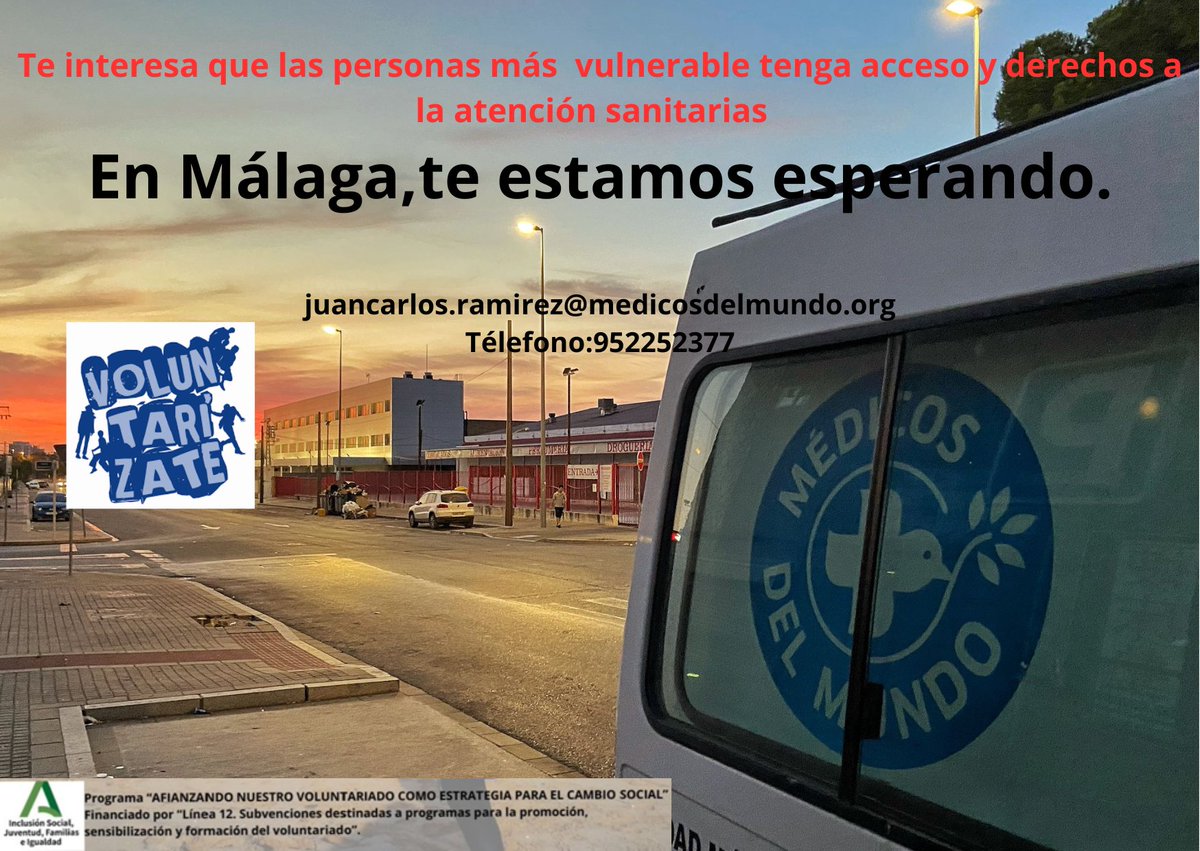 Te estás planteando ser voluntaria y ayudar a las personas más vulnerables y su derecho a la salud, te invitamos a que puedas conocer en Málaga.Más información: juancarlos.ramirez@medicosdelmundo Dirección: C. Cruz Verde, 16, Distrito Centro, 29013 Málaga
Teléfono: 952 25 23 77