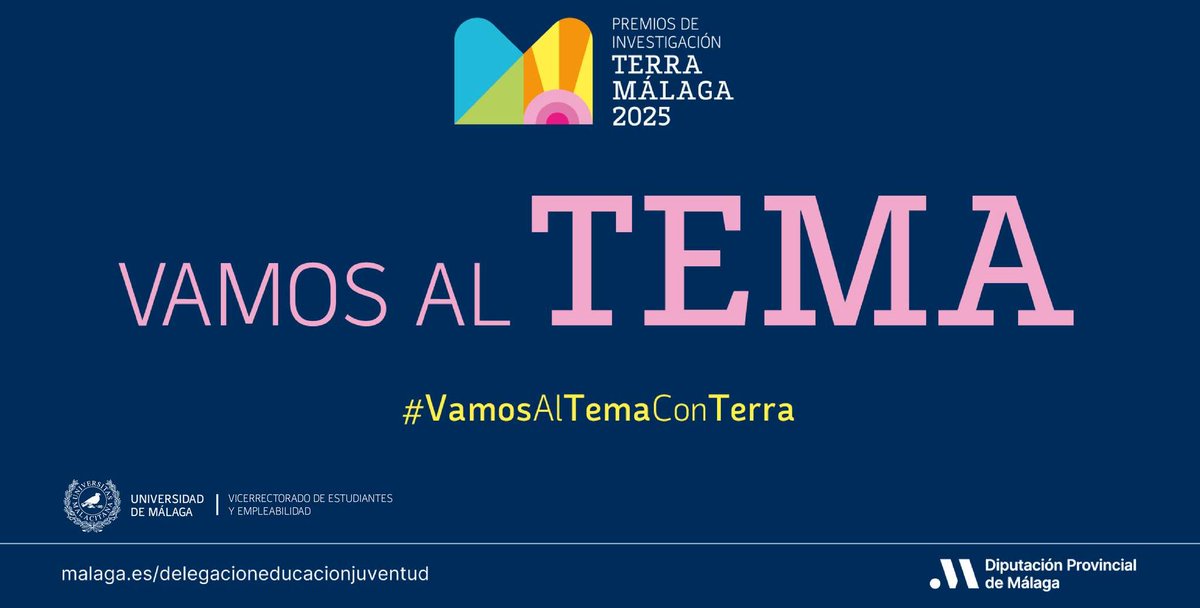Vicerrectorado de Estudiantes y Empleabilidad UMA (@vestudiantesuma) on Twitter photo Si tu TFG, TFM o Tesis Doctoral contribuye al desarrollo social y económico de los municipios malagueños, este premio es para ti.
🤑9.500 € en premios
Premios de Investigación Terra Málaga 2025 <a href="/InfoUMA/">Universidad de Málaga</a> en colaboración con <a href="/diputacionMLG/">Diputación de Málaga</a> .
Más info: u.uma.es/gvp/ Si tu TFG, TFM o Tesis Doctoral contribuye al desarrollo social y económico de los municipios malagueños, este premio es para ti.
🤑9.500 € en premios
Premios de Investigación Terra Málaga 2025 <a href="/InfoUMA/">Universidad de Málaga</a> en colaboración con <a href="/diputacionMLG/">Diputación de Málaga</a> .
Más info: u.uma.es/gvp/