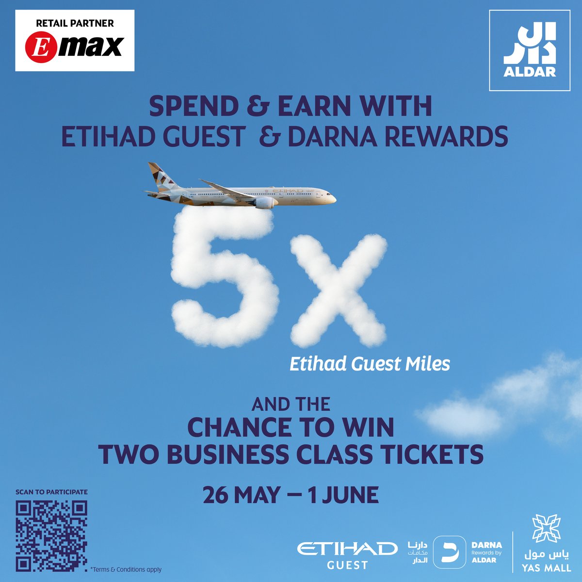 emaxstores's tweet photo. Ready to elevate your shopping experience? 
Shop at Yas Mall or Hamra Mall from 26 May – 1 June: 
✈️ Earn 5x Etihad Guest Miles 
🎁 Get a chance to win TWO Business Class tickets! 

Spend with Etihad Guest &amp; Darna Rewards at Emax &amp; earn rewards!

Scan the QR code to participate https://t.co/jUiFp21bk7