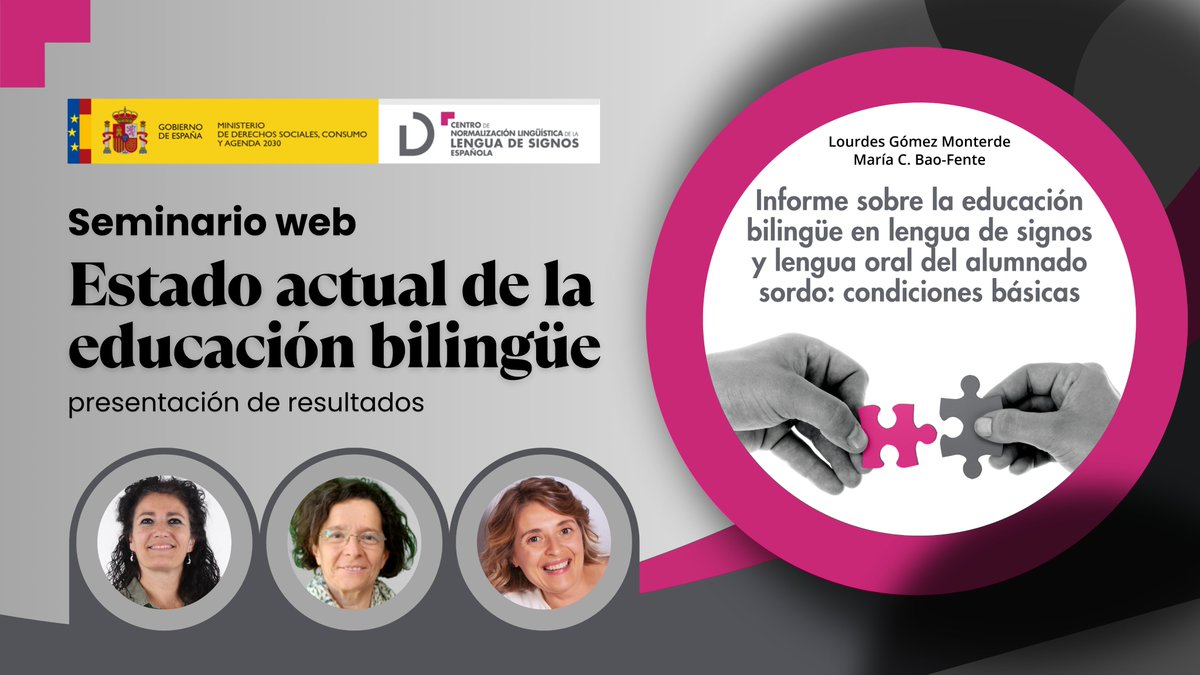 Ayer tuvo lugar el seminario web “Estado actual de la educación bilingüe: presentación de resultados", con la participación de Lourdes Gómez y María C. Bao-Fente.

Podéis verlo aquí: youtube.com/live/W6FgLAtPV…

Consulta el informe completo en: cnlse.es/es/recursos/pu…