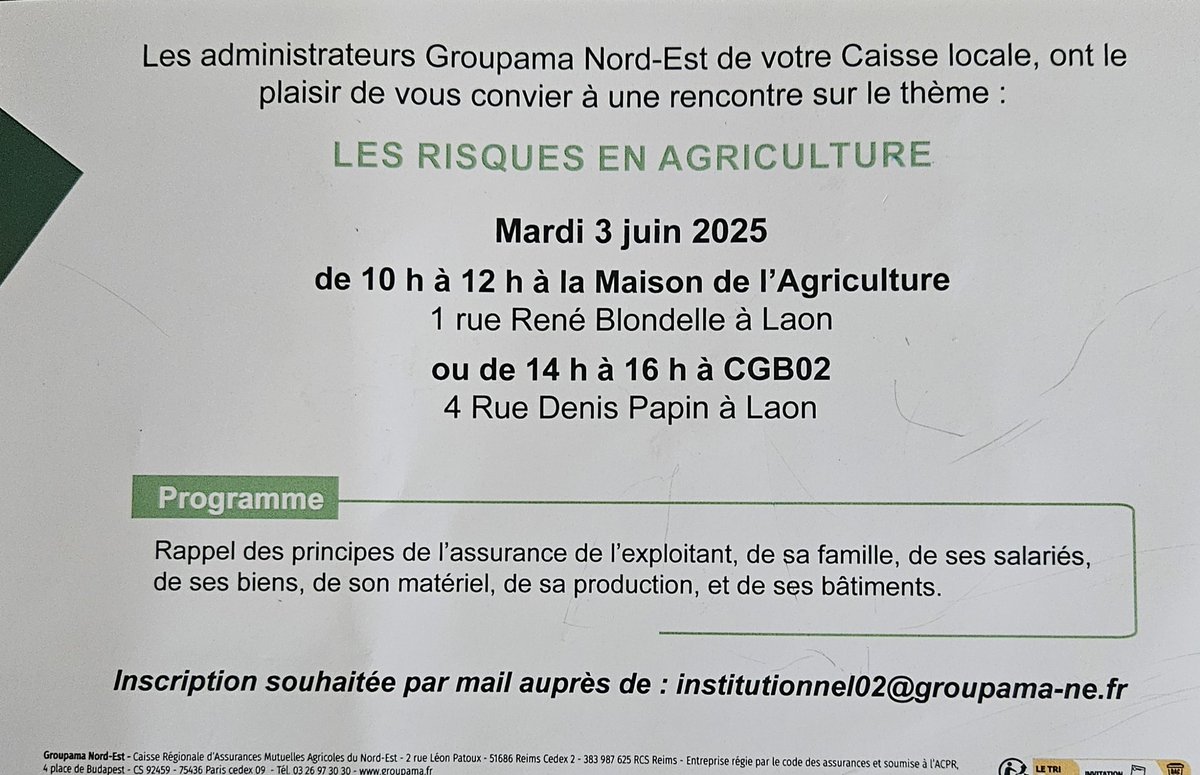 🚨 Réunion d'information : Risques en Agriculture 🚨

📅 Lundi 3 juin 2025 à Laon
Deux horaires au choix :
🕙 10h-12h – Maison de l’Agriculture
🕑 14h-16h – CGB 02

👨‍🌾 Ouvert à tous, sociétaires ou non.
🔍 Échanges et prévention autour des risques agricoles.

Venez nombreux
