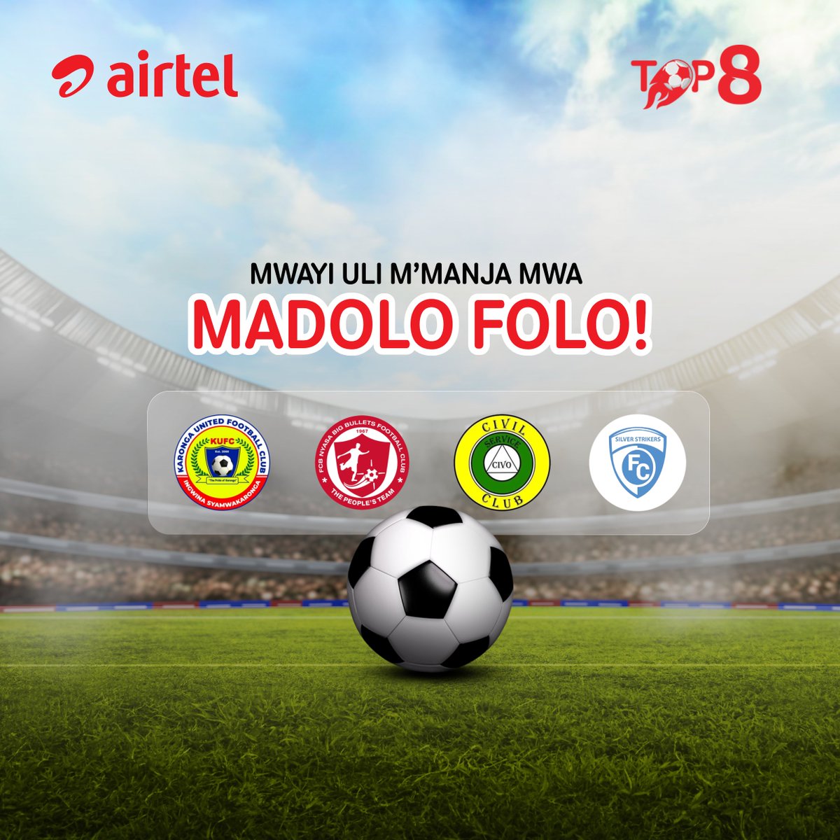 Airtel Malawi Plc (@airtelmalawiplc) on Twitter photo ๐๐ช๐๐ง๐ฆ๐๐๐ ๐ ๐๐๐ข๐๐ข ๐๐ข๐๐ข!๐ฅโฝ๏ธ๐๐ฝโ
โ
Ma team wa akumana ku ma Semifinals!! ๐ฅ๐ฅ
โ
Atatenge ndi Madolo aku Karonga? Maule? Ma Bankers kapena Ma Servants?โ
โ
Yanu ndi iti? Tiuzeni mโmusimu!โ๐ฅ๐ฅ
โ
#AirtelTop8 #ZaMadolo ๐๐ช๐๐ง๐ฆ๐๐๐ ๐ ๐๐๐ข๐๐ข ๐๐ข๐๐ข!๐ฅโฝ๏ธ๐๐ฝโ
โ
Ma team wa akumana ku ma Semifinals!! ๐ฅ๐ฅ
โ
Atatenge ndi Madolo aku Karonga? Maule? Ma Bankers kapena Ma Servants?โ
โ
Yanu ndi iti? Tiuzeni mโmusimu!โ๐ฅ๐ฅ
โ
#AirtelTop8 #ZaMadolo