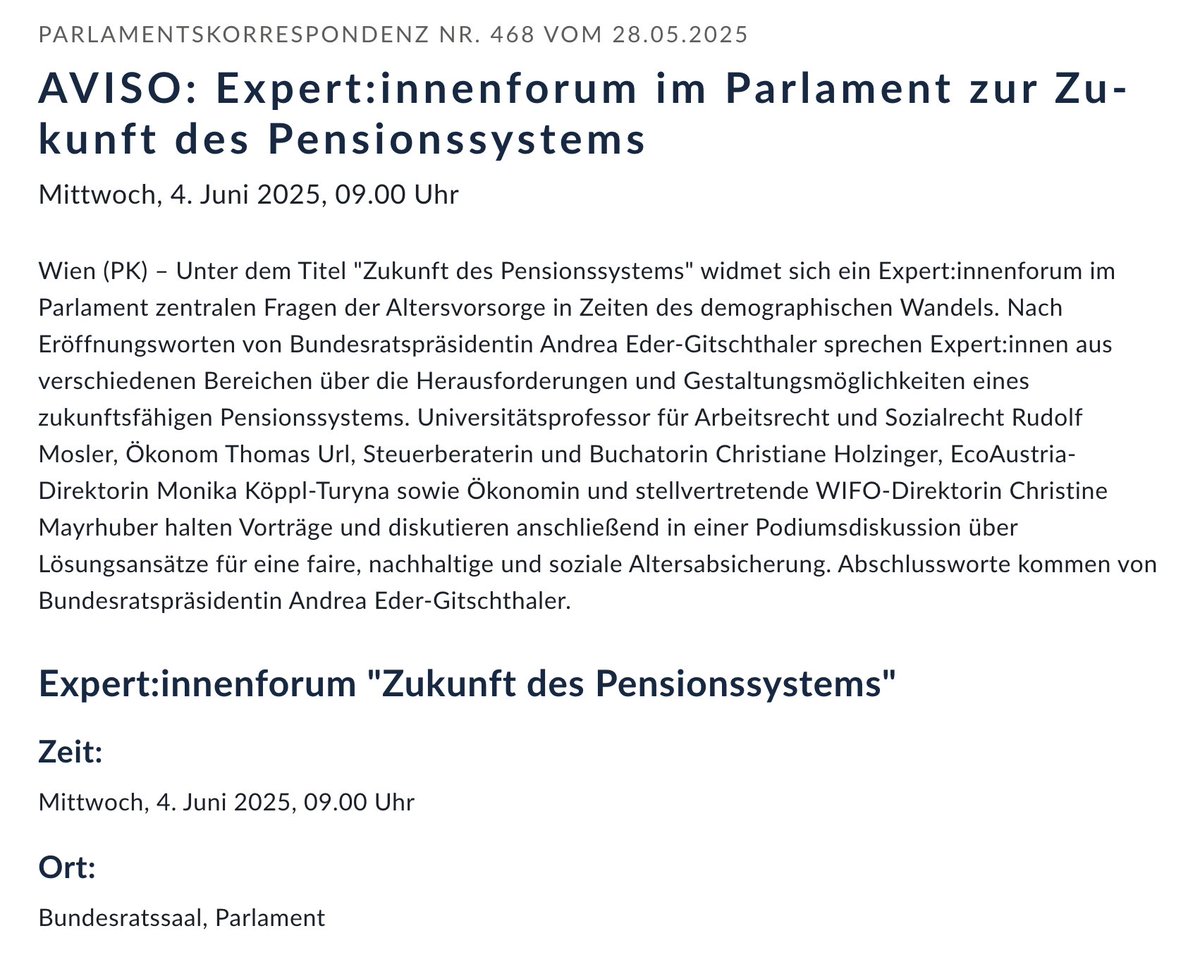 Am nächsten Mittwoch diskutieren wir im Parlament über die Zukunft des Pensionssystems. Tune In!

parlament.gv.at/aktuelles/pk/j…
