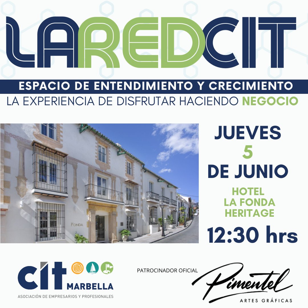 🚀 𝗟𝗔 𝗥𝗘𝗗 𝗖𝗜𝗧 🚀

Te esperamos en la próxima #RedCIT, nuestro evento de #networking, que tendrá lugar el 5/06 en Hotel La Fonda Heritage a las 12:30 horas.

👉Evento patrocinado por 𝗣𝗶𝗺𝗲𝗻𝘁𝗲𝗹 𝗔𝗿𝘁𝗲𝘀 𝗚𝗿á𝗳𝗶𝗰𝗮𝘀 
👉Inscríbete ya: lc.cx/032VAI