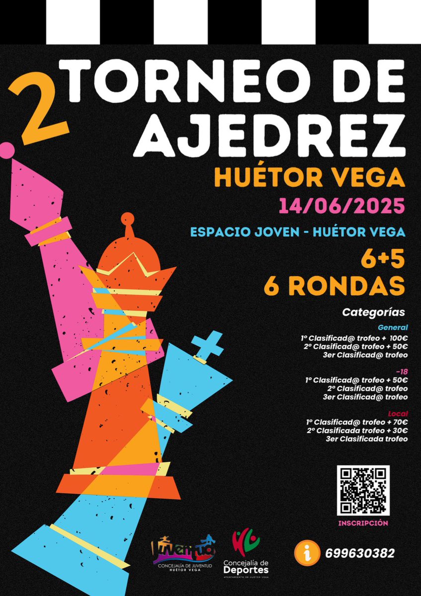 ♟ ll Torneo de ajedrez 

🗓 El 14 de junio  
📍 Espacio Joven - Huétor Vega 

📝 Inscripción:  
docs.google.com/forms/d/e/1FAI…    

Concejalía de Deportes
Concejalía de Juventud 
#AyuntamientoDeHuétorVega