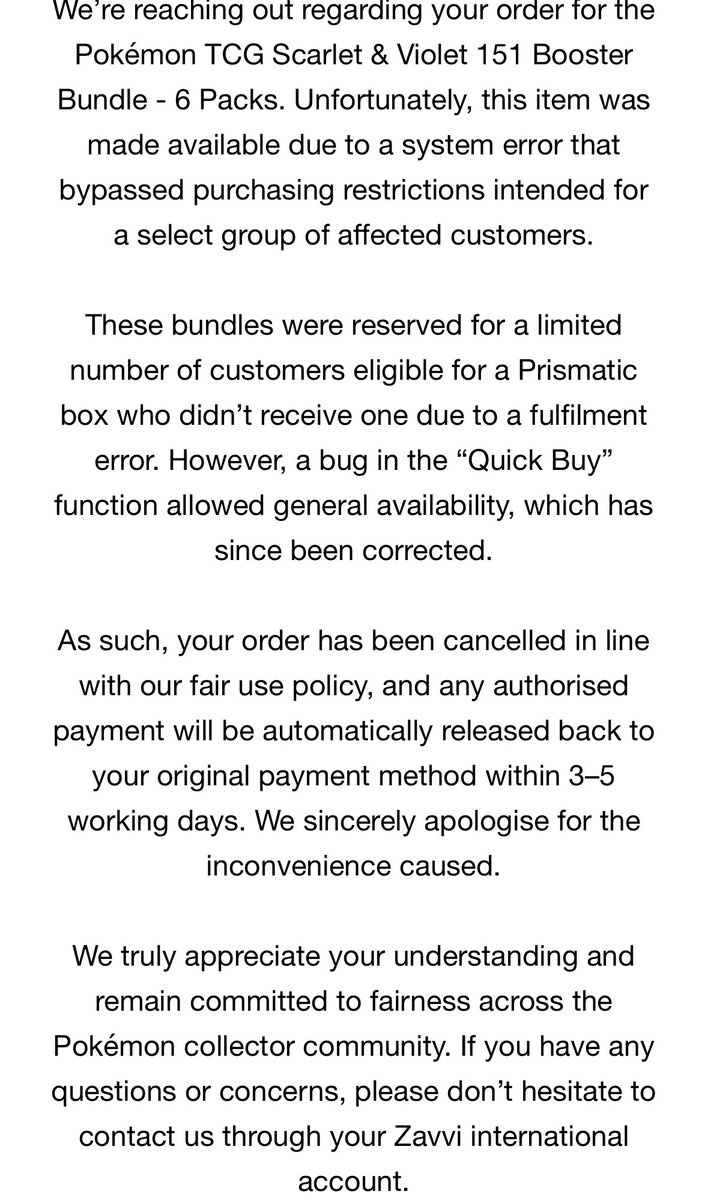 JuxHD's tweet photo. @PokemonStockUK email from Zavvi this morning. Looking like all will get cancelled https://t.co/wsTLhHZnS7