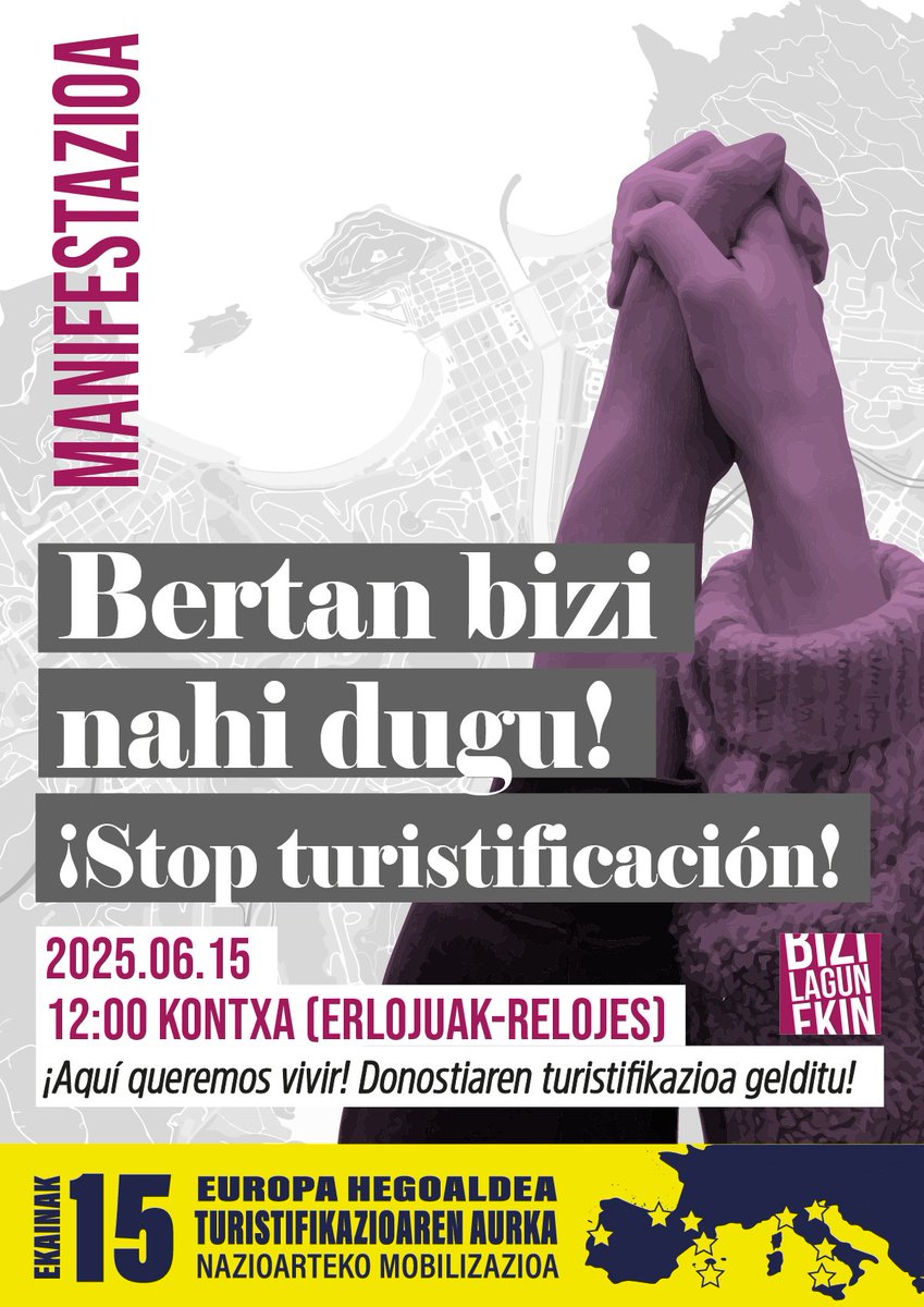 🗣Bertan bizi nahi dugu! Donostiaren turistifikazioa gelditu! MANIFESTAZIOA ekainaren 15ean, eguerdiko 12etan Kontxako erlojuetatik.

bizilagunekin.eus/eu/bizilagunek…

#DesazkundeTuristikoa #SETnet