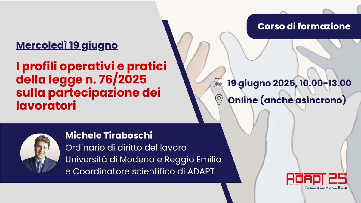 1/7 | Corso di formazione: "I profili operativi e pratici della legge n. 76/2025 sulla partecipazione dei lavoratori"
Ecco perché non perdersi questo corso 👇