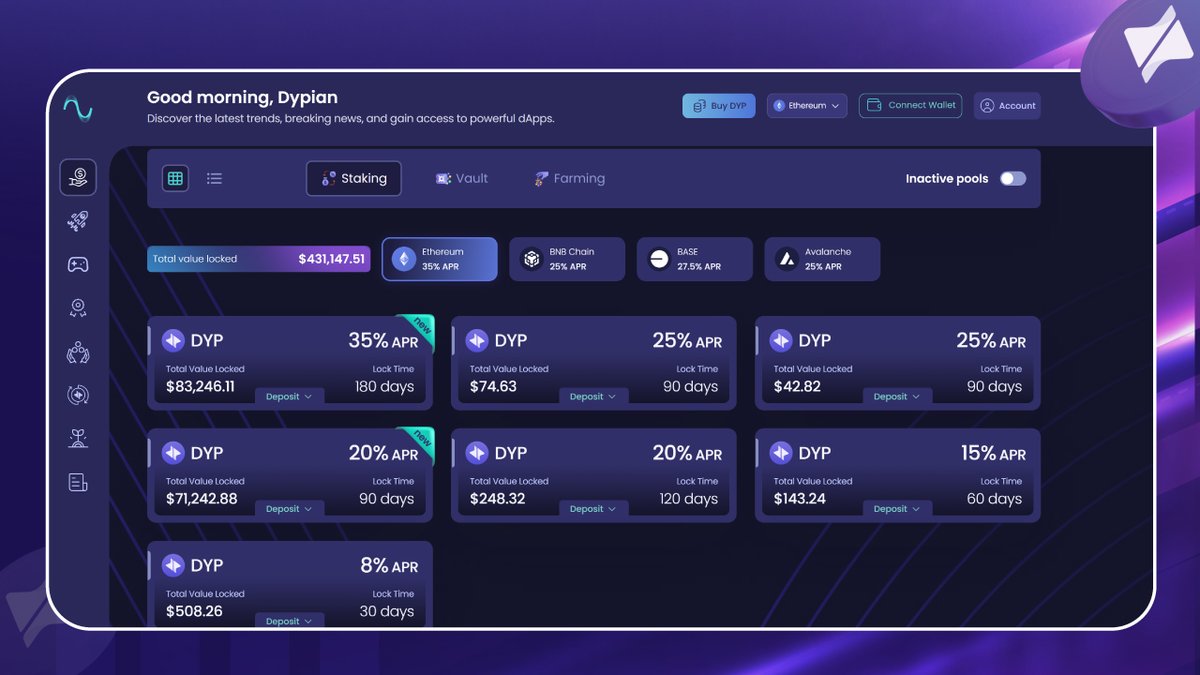 ✨ Maximize your crypto potential with $DYP Staking!

Earn up to 35% APR while securing your position in the Dypius ecosystem.

Simple. Reliable. High-yield staking built for real rewards.

🔗 Start now: app.dypius.com/earn/dypius