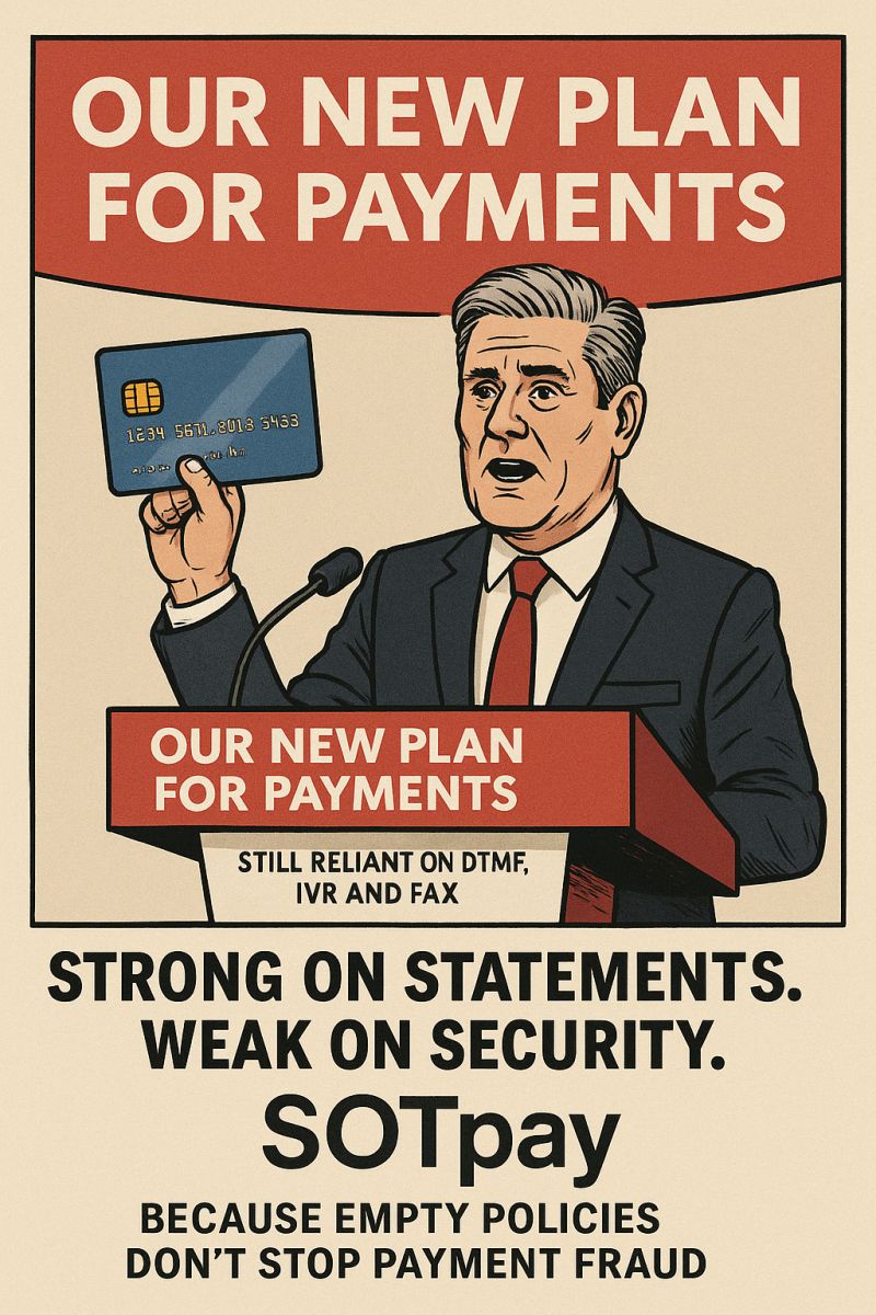 “Weak Policies Lose Votes. Weak Payment Security Loses Customers.”

Keir says he's got a New Plan for Payments…

Still using DTMF, IVR and fax? What’s next — cheques by carrier pigeon?

No DTMF. No IVR. No fax machines humming like it's 1994.