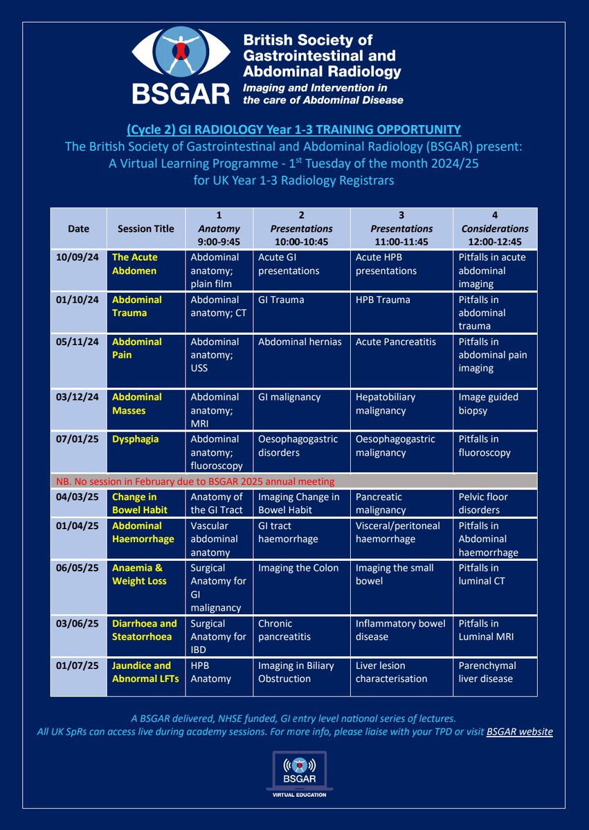 BSGAR (@bsgar_uk) on Twitter photo S9 of our BSGAR delivered, HEE funded, GI lectures for core trainees is next week!
Join our expert panel to learn about the imaging in patient's with Diarrhoea and Steatorrhoea
⏰0900 Tue 3rd June
For cases and access, contact your TPD!
<a href="/RCRadiologists/">The Royal College of Radiologists</a> <a href="/_the_SRT/">The Society of Radiologists in Training</a> <a href="/JuniorBSGAR/">JuniorBSGAR</a> S9 of our BSGAR delivered, HEE funded, GI lectures for core trainees is next week!
Join our expert panel to learn about the imaging in patient's with Diarrhoea and Steatorrhoea
⏰0900 Tue 3rd June
For cases and access, contact your TPD!
<a href="/RCRadiologists/">The Royal College of Radiologists</a> <a href="/_the_SRT/">The Society of Radiologists in Training</a> <a href="/JuniorBSGAR/">JuniorBSGAR</a>