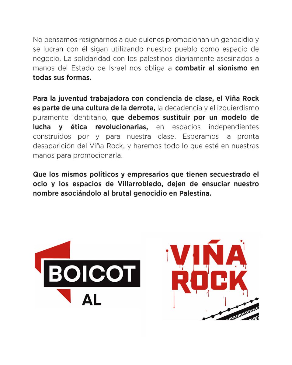 📄 || 🔴 Boicot al Viña Rock

Tras las noticias que señalan al fondo sionista KKR como propietario del Viña Rock, nos organizamos junto a jóvenes trabajadores de Villarrobledo por el boicot a este macrofestival.