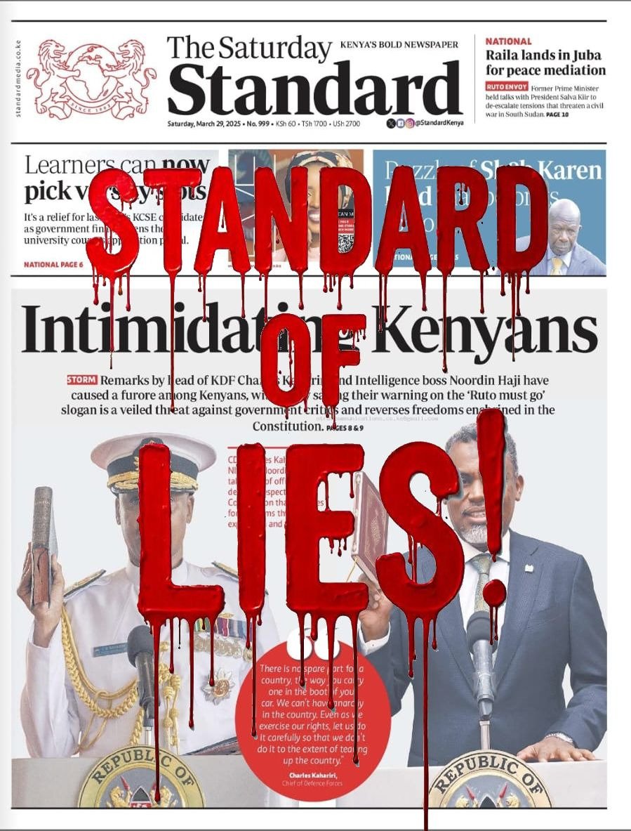 The Standard of lies slowly slipping to anarchism. This is quite unfortunate that professionalism has been thrown out by this once very demure media house.
#StandardOfAnarchy
Kairo Jowie