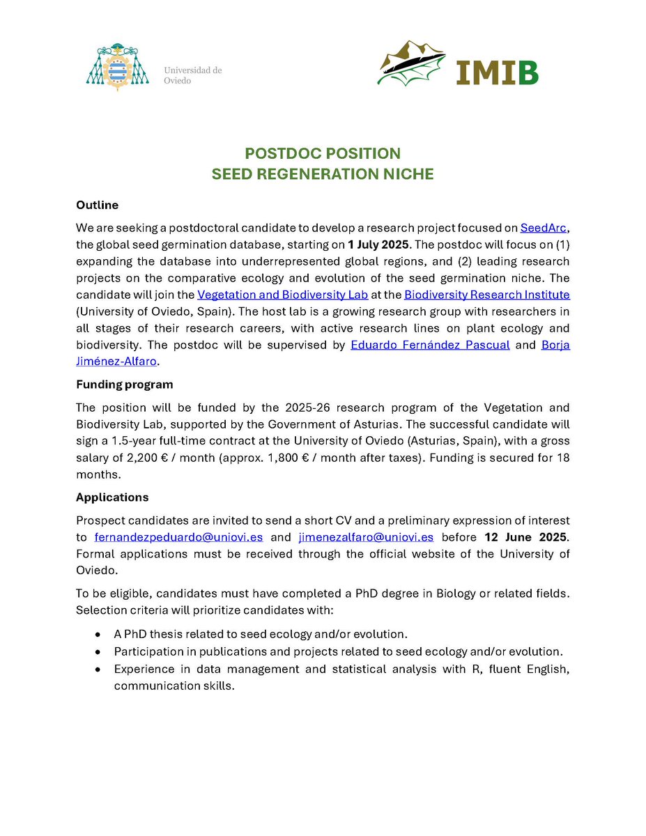 Sergey Rosbakh (@srosbakh.bsky.social) (@srosbakh) on Twitter photo 🌱 We’re expanding #SeedArc! Our collaborators at <a href="/UniOviedo/">University of Oviedo</a> are hiring a Postdoc in Seed Regeneration Niche to grow the global database & research seed germination ecology. Starts July 2025, 18-month contract. Spread the word - apply by 12 June! 🌱 We’re expanding #SeedArc! Our collaborators at <a href="/UniOviedo/">University of Oviedo</a> are hiring a Postdoc in Seed Regeneration Niche to grow the global database & research seed germination ecology. Starts July 2025, 18-month contract. Spread the word - apply by 12 June!