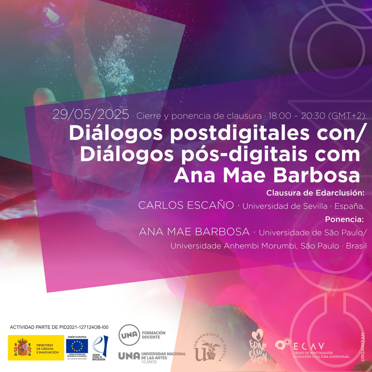 Mañana jueves 29/05, de 18:00-20:30 (GMT+2),clausura de los webinarios #EDARCLUSION con la ponencia “Diálogos postdigitales con/Diálogos pós-digitais com Ana Mae Barbosa”
Un placer contar con la intervención de #AnaMaeBarbosa
Inscripciones y más info.🔗 acortar.link/RRGqRg