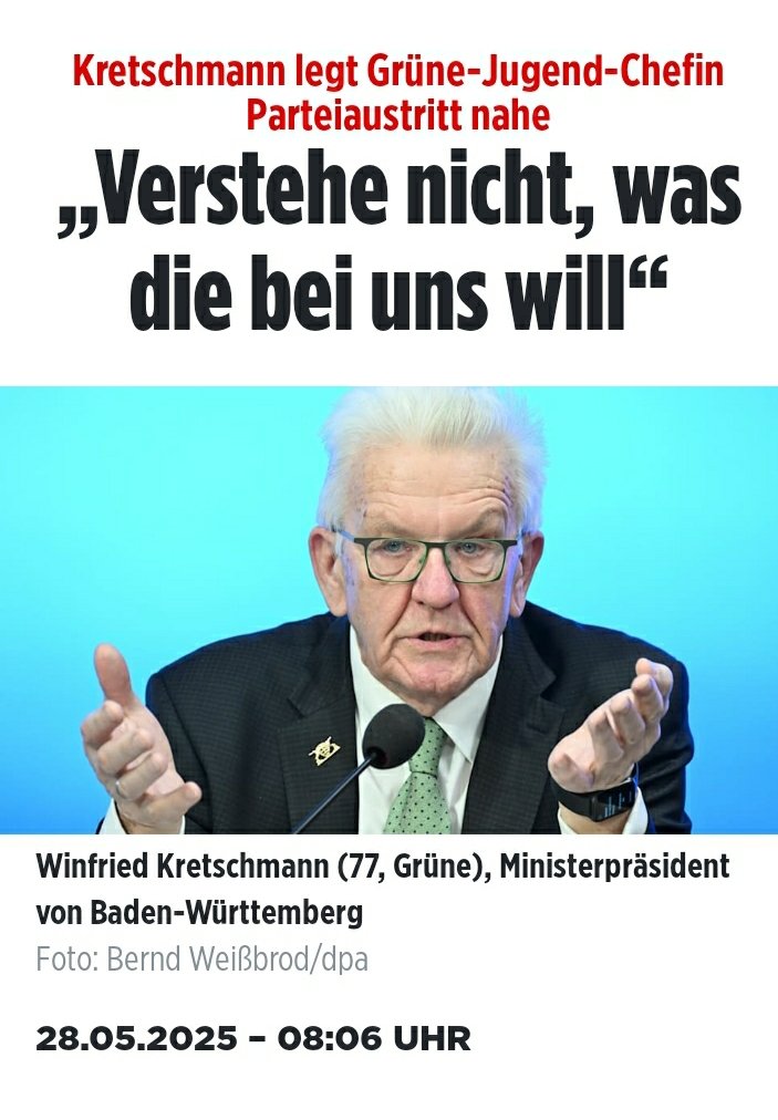 Herr Kretschmann hat vollkommen recht.Rücktritt dieser Person Jette Nietzard aber flott.Das ist kein Benehmen.Als Grünen Chefin eine Plamage und abscheulich.Wenn solch Widerwärtiges Verhalten von den Grünen tolleriert wird haben Sie in der Politik nichts zu suchen.Raus mit.