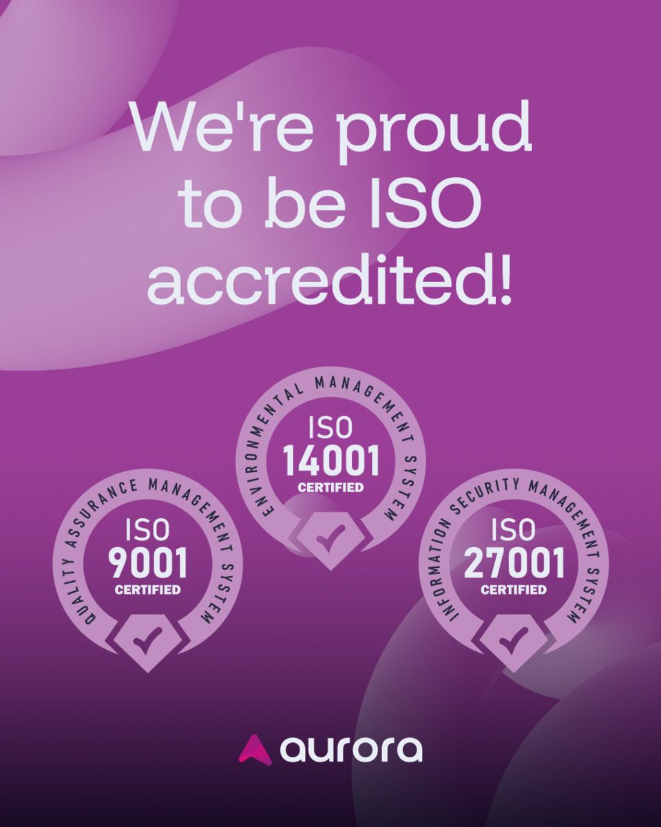Aurora is ISO 27001, 14001 and 9001 accredited – giving you the confidence of internationally recognised standards in every experience we deliver.

✅Information Security
✅Environmental Responsibility
✅Quality Management

We're committed to excellence at every level.