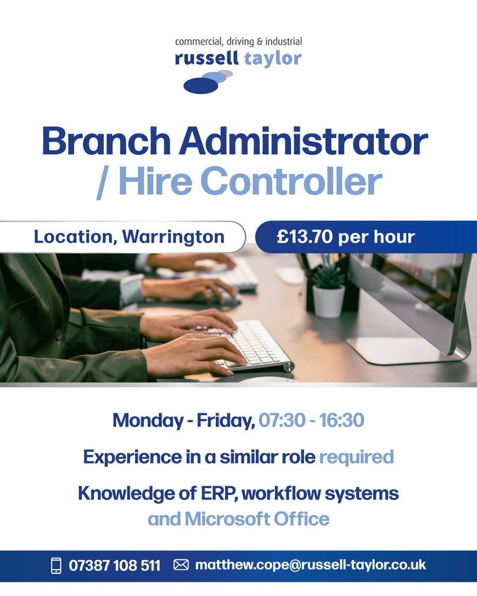 RTaylorCDI's tweet image. Branch Administrator / Hire Controller
📍 Warrington
£13.70 p/h 

To apply, contact Matthew today on 07387 108 511 or email matthew.cope@russell-taylor.co.uk

#russelltaylorCDI #hirecontroller #hiring #warringtonjobs #branchadministrator