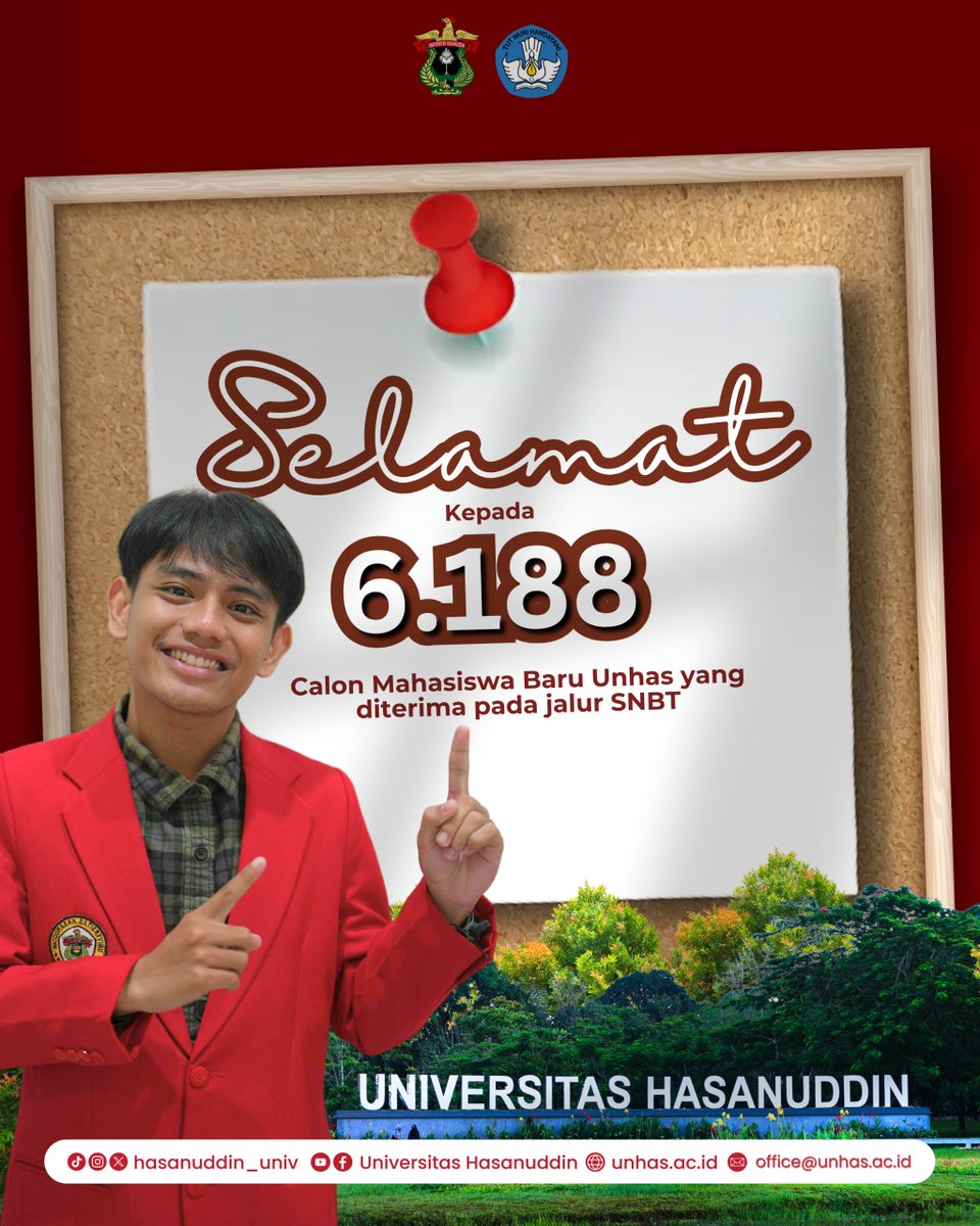 Selamat 6.188 calon mahasiswa baru resmi diterima di Unhas melalui jalur SNBT 2025 ✨🙌

Pejuang SNBT, kamu resmi jadi Camaba Unhas😎🔥

Tag temanmu yang lolos juga, yuk rayakan bareng! 🎉

#MabaUnhas2025 #PejuangSNBT #AnakKampusMerah #UnhasVibes #WelcomeToUnhas