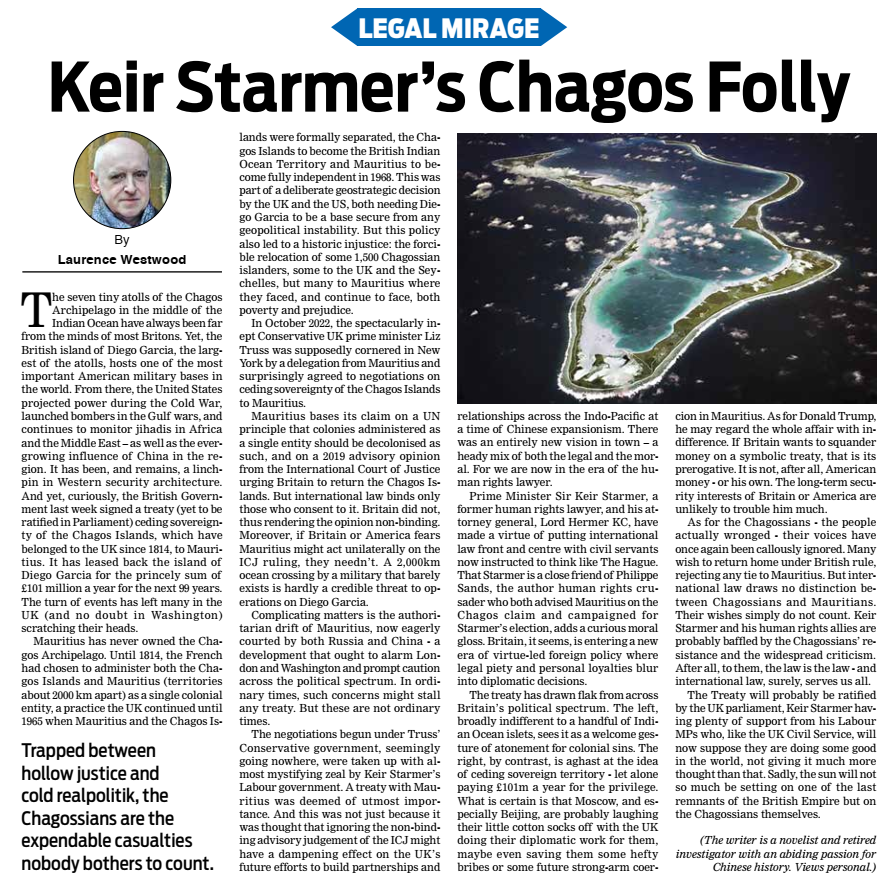 Shoumojit Banerjee (@shoumojitb) on Twitter photo Indebted to <a href="/LWestwoodAuthor/">Laurence Westwood</a> for taking time off from Dickens' 'Bleak House' and his next novel to deliver some trenchant knocks to the #Starmer govt.'s move ceding #Chagos to #Mauritius. #geopolitics #Britain #maritime #LabourParty
Link: shorturl.at/dHysQ Indebted to <a href="/LWestwoodAuthor/">Laurence Westwood</a> for taking time off from Dickens' 'Bleak House' and his next novel to deliver some trenchant knocks to the #Starmer govt.'s move ceding #Chagos to #Mauritius. #geopolitics #Britain #maritime #LabourParty
Link: shorturl.at/dHysQ