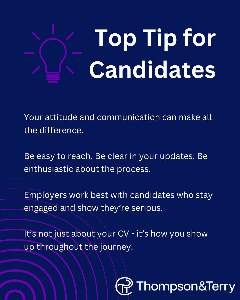 Looking for your next role?

How you communicate during the process matters just as much as your experience.

At Thompson &amp; Terry we see time and time again that the candidates who stay engaged, responsive, and enthusiastic are the ones who stand out - and get hired.

#Jobs