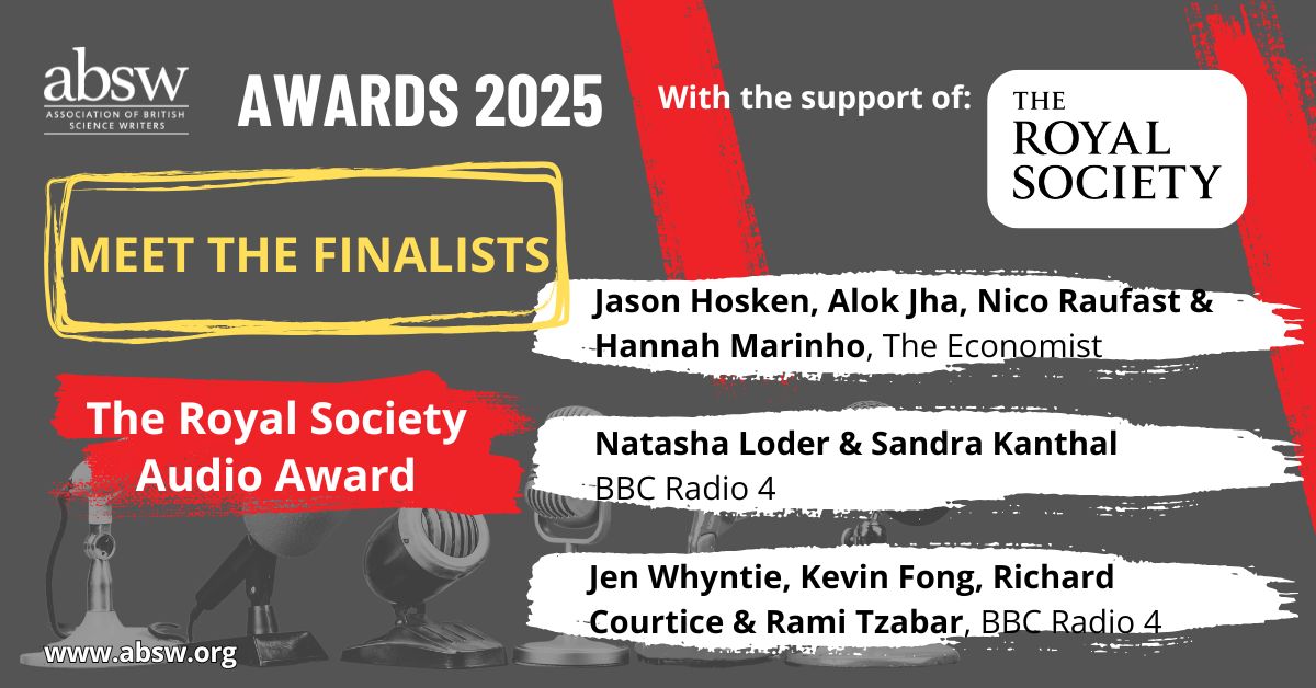 absw's tweet image. 🎧The Royal Society Audio Award 1/2
#ABSWawards 📣Meet the #finalists 🎉🎉🎉
Thanks to @royalsociety

👉 @JasonHosken  @alokjha  Nico Raufast &amp;amp; @hannahmmarinho
@TheEconomist 
🔗zurl.co/9Rg9f 

 👉 @natashaloder &amp;amp; @SandraKanthal
@BBCRadio4 
🔗zurl.co/ygesf