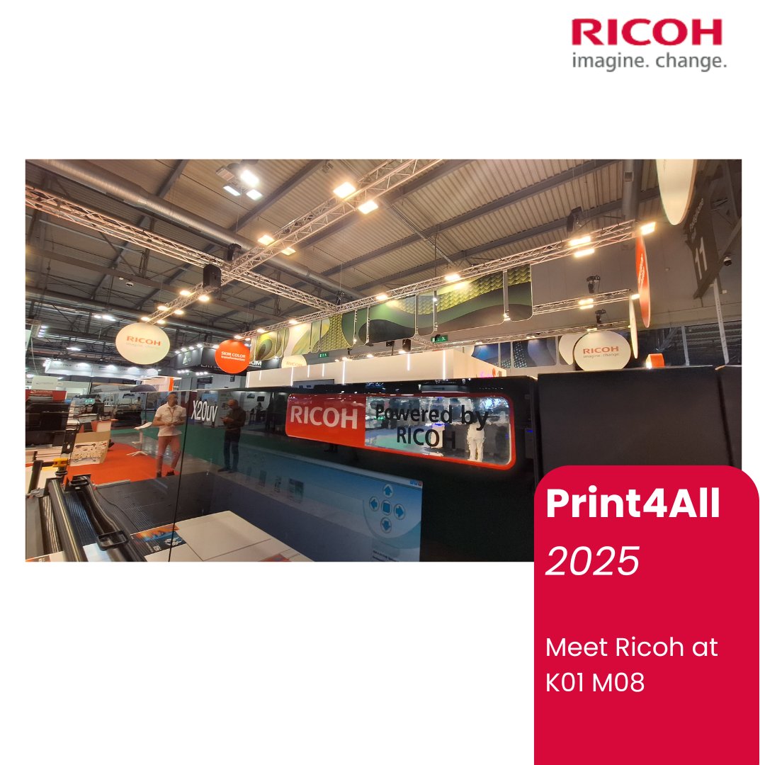 Our immersive #Print4All 2025 K01 M08 stand showcases our vision for the future with technologies including:
✅ X20 Powered by Ricoh – Hybrid UV solution 
✅ Ricoh Pro™ TF6251 UV flatbed printer with roll-to-roll capability
✅ Ricoh Pro™ C9500 high volume sheetfed press