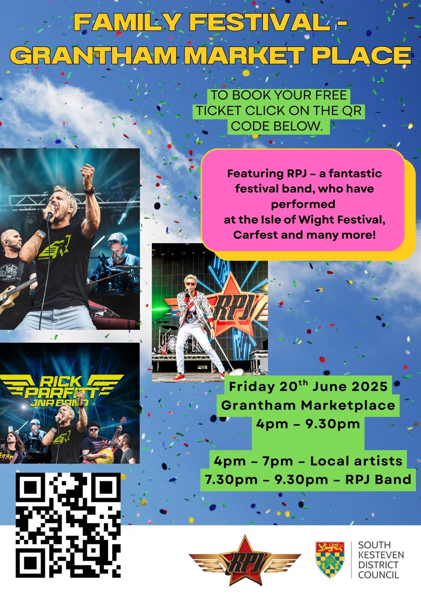 💾Save the date!
☀️Family Festival - Grantham Market Place, Friday 20th June 2025.

The event takes place in the Market Place from 4pm to 9.30pm and will feature local singers and bands, with headline act The RPJ Band. 

Book your free ticket visit: ow.ly/mX7J50VVwty
