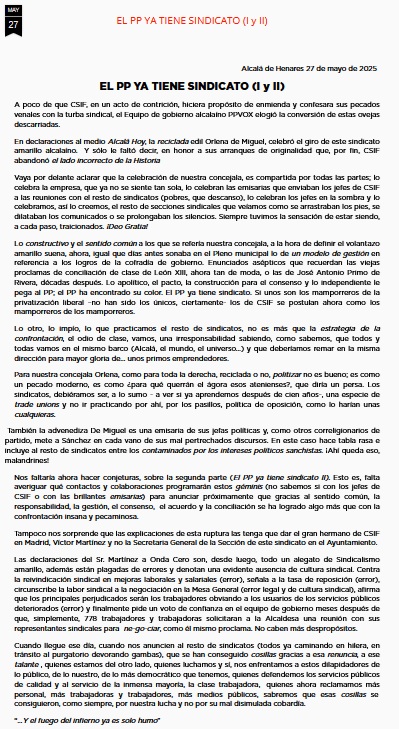 🥳🥳El <a href="/GPPAytoAlcala/">Grupo PP Ayto Alcalá</a> ya tiene sindicato <a href="/CSIFALCALA/">CSIF Alcalá de Henares</a> a tenor de las declaraciones de sus ediles <a href="/OrlenaMmm/">Orlena de Miguel</a> 👉cgtaytoalcala.blogspot.com/2025/05/el-pp-…