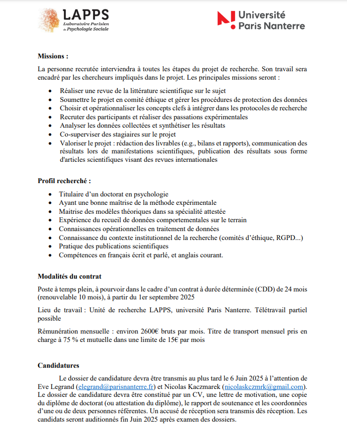 ADRIPS (@adrips_comm) on Twitter photo 📢Offre de post-doctorat - Le <a href="/LAPPS_UPN/">Laboratoire Parisien de Psychologie Sociale</a> recrute, à partir du 1er septembre 2025, un ou une post-doctorant.e pour une durée de 24 mois sur le projet "NoVitH"
📆Deadline : 06 juin 2025
Plus d'info 👇 📢Offre de post-doctorat - Le <a href="/LAPPS_UPN/">Laboratoire Parisien de Psychologie Sociale</a> recrute, à partir du 1er septembre 2025, un ou une post-doctorant.e pour une durée de 24 mois sur le projet "NoVitH"
📆Deadline : 06 juin 2025
Plus d'info 👇