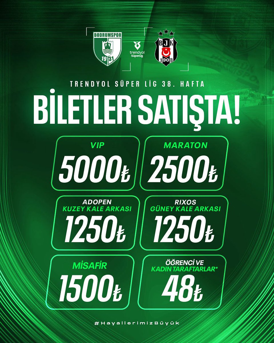 📢 Trendyol Süper Lig’in 38. haftasında, sahamızda Beşiktaş’ı ağırlayacağımız karşılaşmanın biletleri genel satışa sunulmuştur.

🎫 Maç biletlerini Passo Mobil Uygulaması, passo.com.tr ve stadımızda yer alan gişelerden temin edebilirsiniz.

⚠️ *Öğrenci ve kadın