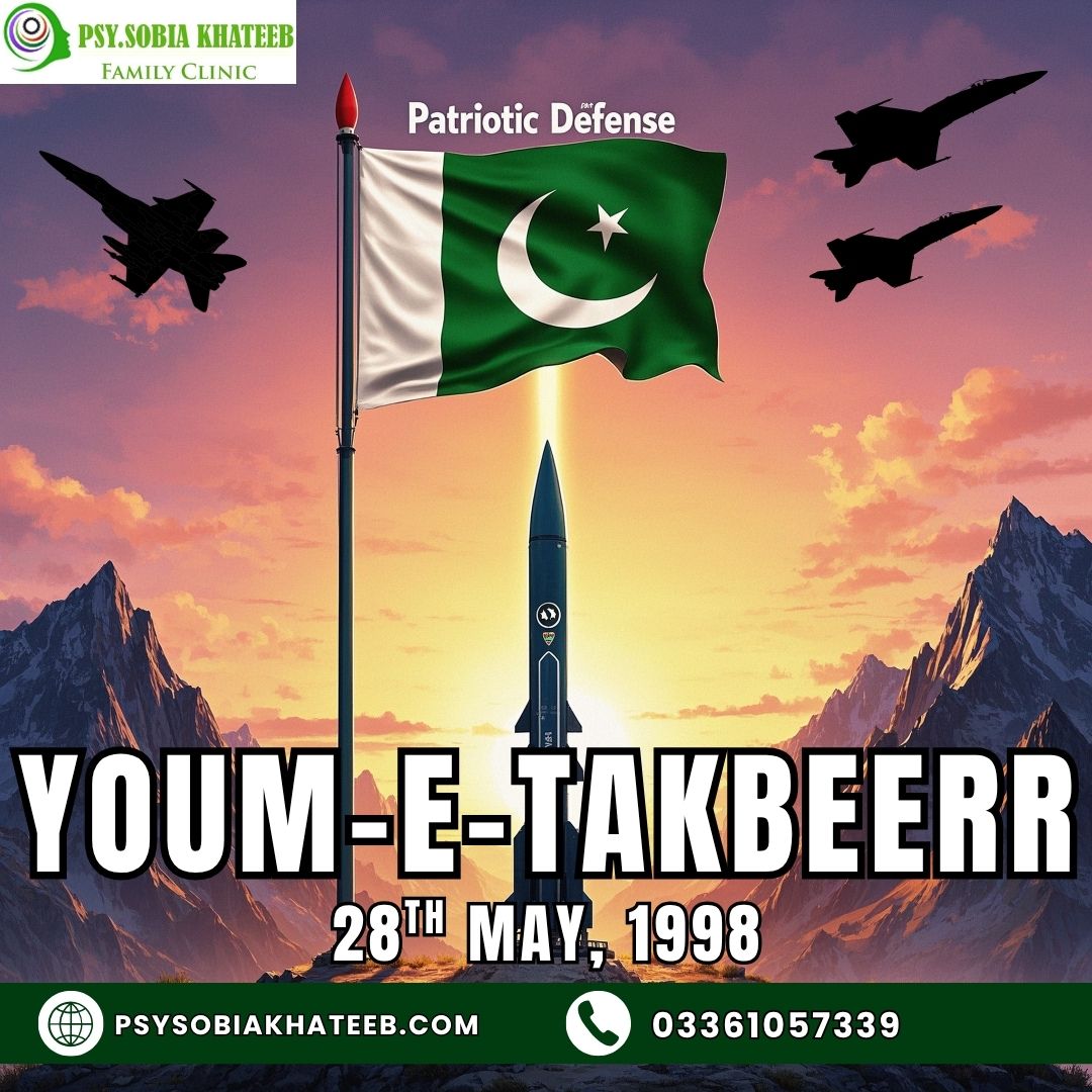 SobiaPsy's tweet photo. Youm-e-Takbeer — A Day of National Pride &amp; Strength
On this historic day, we honor Pakistan’s nuclear achievement. From Psy. Sobia Khateeb Family Clinic
📞 +92 336 1057339
🌐 https://t.co/vE0wKl4u4i
📧 info@psysobiakhateeb.com

#YoumETakbeer  #28May1998 #PakArmy #PsySobiaKhateeb https://t.co/R9CfltQWF6