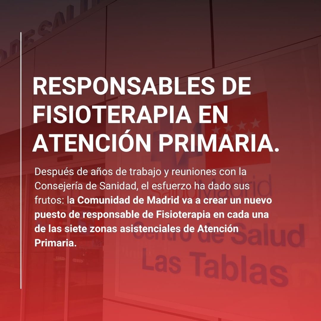 CP Fisioterapeutas Madrid | #somosloquenecesitas (@cfisiomad) on Twitter photo La <a href="/ComunidadMadrid/">Comunidad de Madrid</a> creará la figura de responsable de fisioterapia en Atención Primaria. Una demanda del Colegio que, tras meses de trabajo con la administración, se convierte en realidad. Un paso clave para dar voz y espacio a la #fisioterapia pública.
cfisiomad.org/noticias/respo… La <a href="/ComunidadMadrid/">Comunidad de Madrid</a> creará la figura de responsable de fisioterapia en Atención Primaria. Una demanda del Colegio que, tras meses de trabajo con la administración, se convierte en realidad. Un paso clave para dar voz y espacio a la #fisioterapia pública.
cfisiomad.org/noticias/respo…