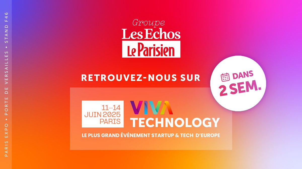 Les Echos-Le Parisien Communication (@echos_parisien) on Twitter photo #VivaTechnology2025 🚀
⌛️ Plus que 2 semaines avant le plus grand événement startup et tech d’Europe !
📅 IA, climat, régulation, innovation, ... : <a href="/Echos_Parisien/">Les Echos-Le Parisien Communication</a> en parle du 11 au 14 juin.
🎯 On se retrouve à Porte de Versailles sur le stand F46 ! #VivaTechnology2025 🚀
⌛️ Plus que 2 semaines avant le plus grand événement startup et tech d’Europe !
📅 IA, climat, régulation, innovation, ... : <a href="/Echos_Parisien/">Les Echos-Le Parisien Communication</a> en parle du 11 au 14 juin.
🎯 On se retrouve à Porte de Versailles sur le stand F46 !